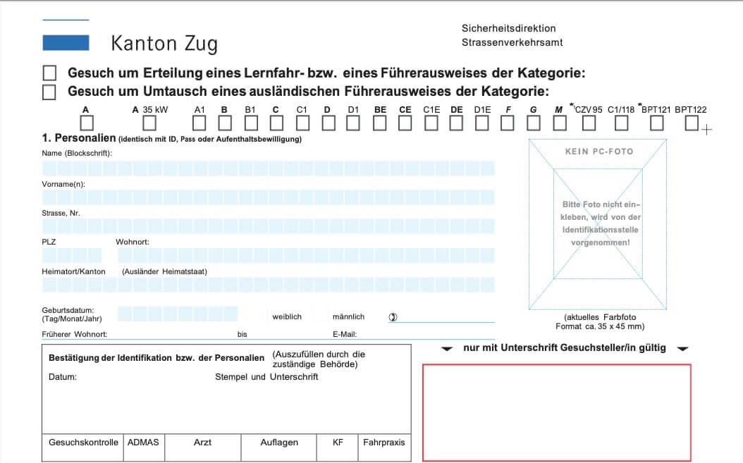 Gesuch Lernfahrausweis Optiker für Kontaktlinsen & Brille in Zug
